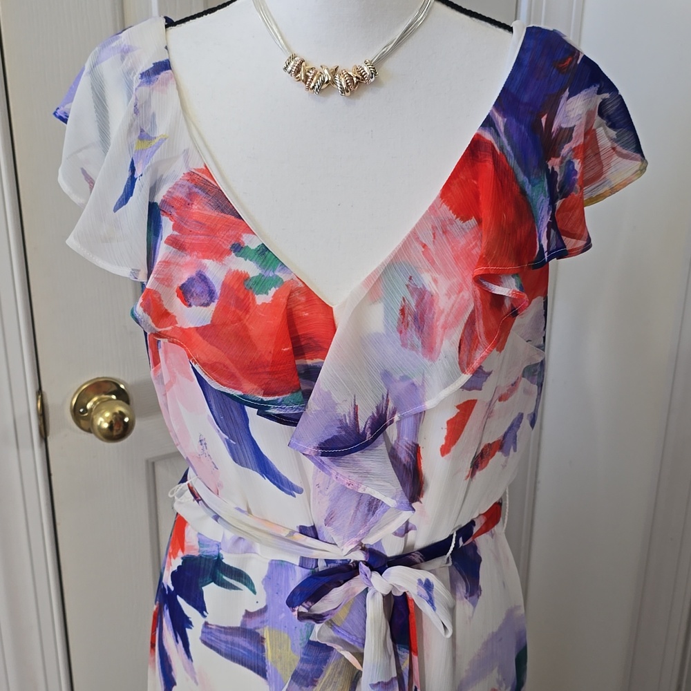 HARPER ROSE BRAND WOMEN'S WHITE MULTI-COLORS RUFFLED SLEEVES SUMMER DRESS SIZE 8